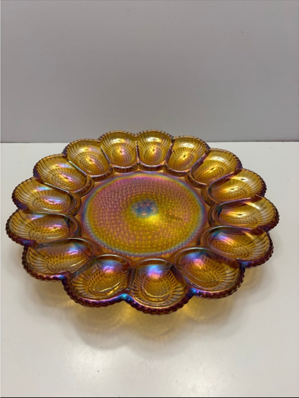 vintage Indiana Glass Company iridescent amber carnival glass deviled egg plate